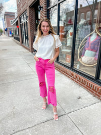 Hot Pink Lightly Distressed Frayed Hem Jeans-210 Denim-Zenana-Peachy Keen Boutique, Women's Fashion Boutique, Located in Cape Girardeau and Dexter, MO