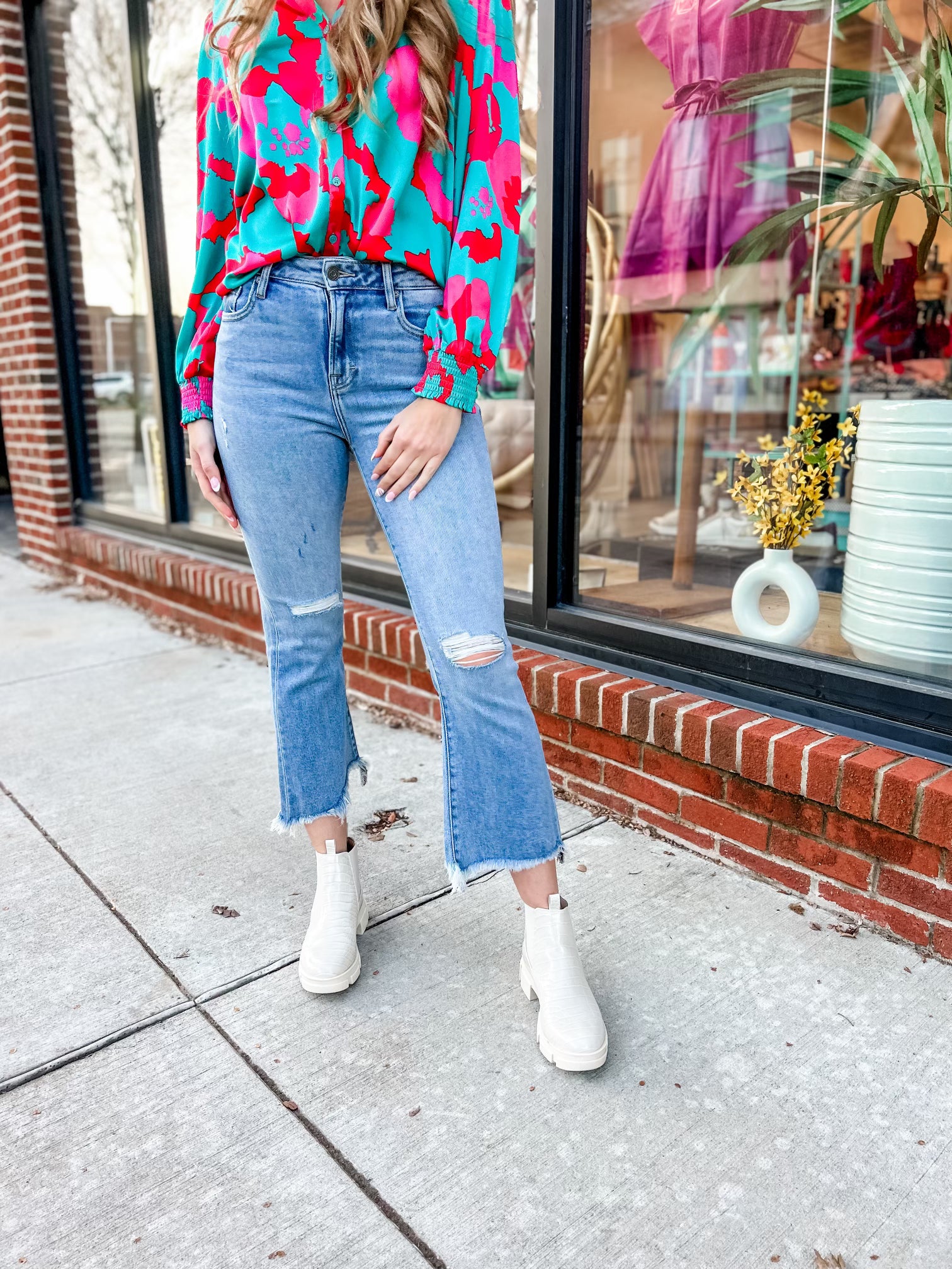 HIDDEN | Happi Medium Light Wash High Waist Frayed Crop Flare Jean-Bottoms - Denim-Hidden-Peachy Keen Boutique, Women's Fashion Boutique, Located in Cape Girardeau and Dexter, MO