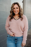 Soft Pink Sweater with Black Lace Trim