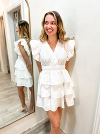 White V Neck Tiered Ruffle Cap Sleeve Dress-short sleeve dress-Entro-Peachy Keen Boutique, Women's Fashion Boutique, Located in Cape Girardeau and Dexter, MO
