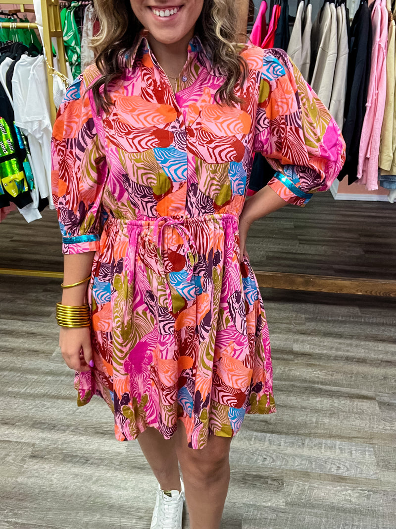 Rose Zebra Pattern Puff Sleeve Dress-Quarter Sleeve Dress-Briton Court-Peachy Keen Boutique, Women's Fashion Boutique, Located in Cape Girardeau and Dexter, MO