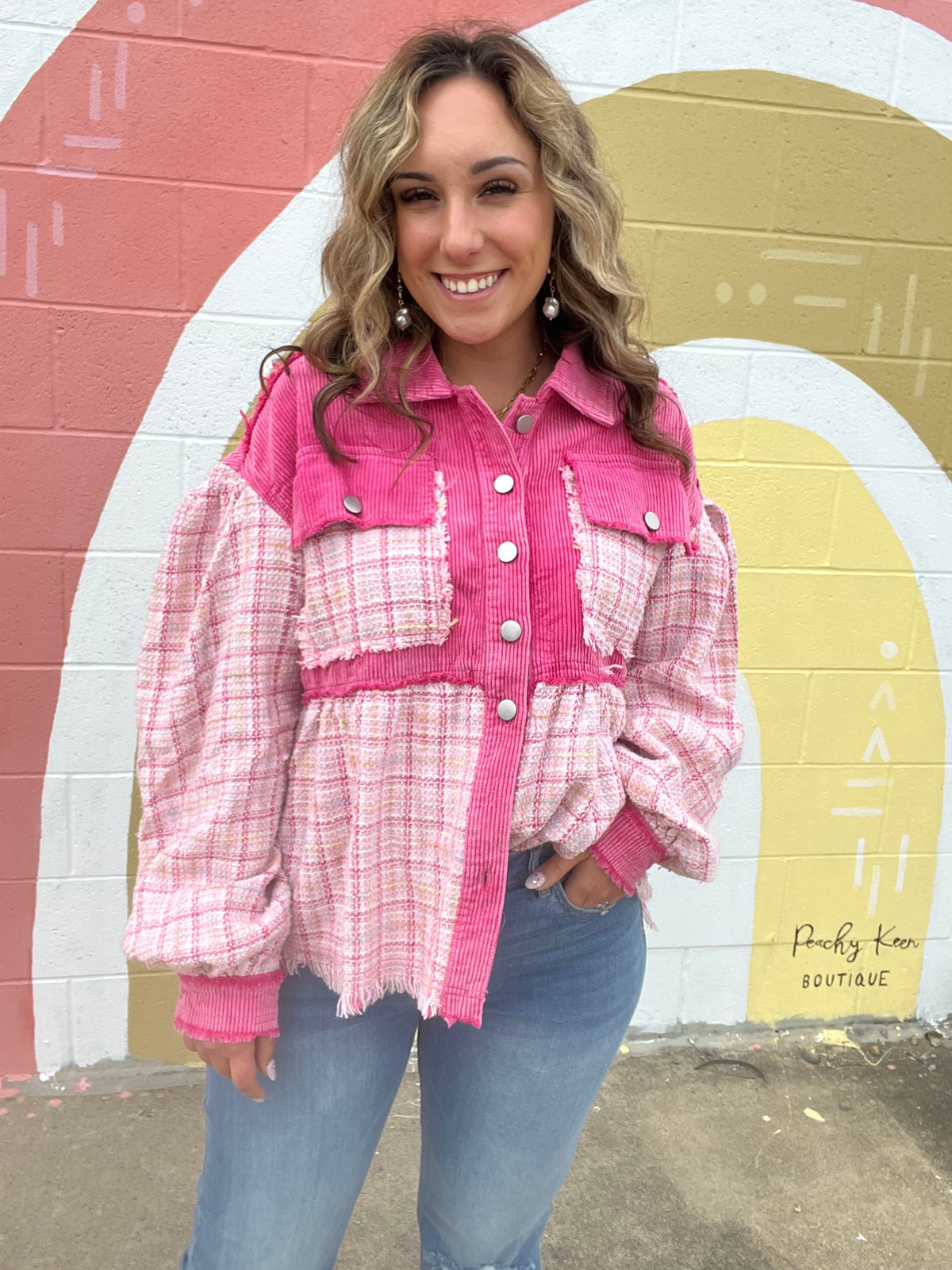 Pink Tweed Corduroy Fringe Jacket-170 Vest/Coats-JadyK-Peachy Keen Boutique, Women's Fashion Boutique, Located in Cape Girardeau and Dexter, MO