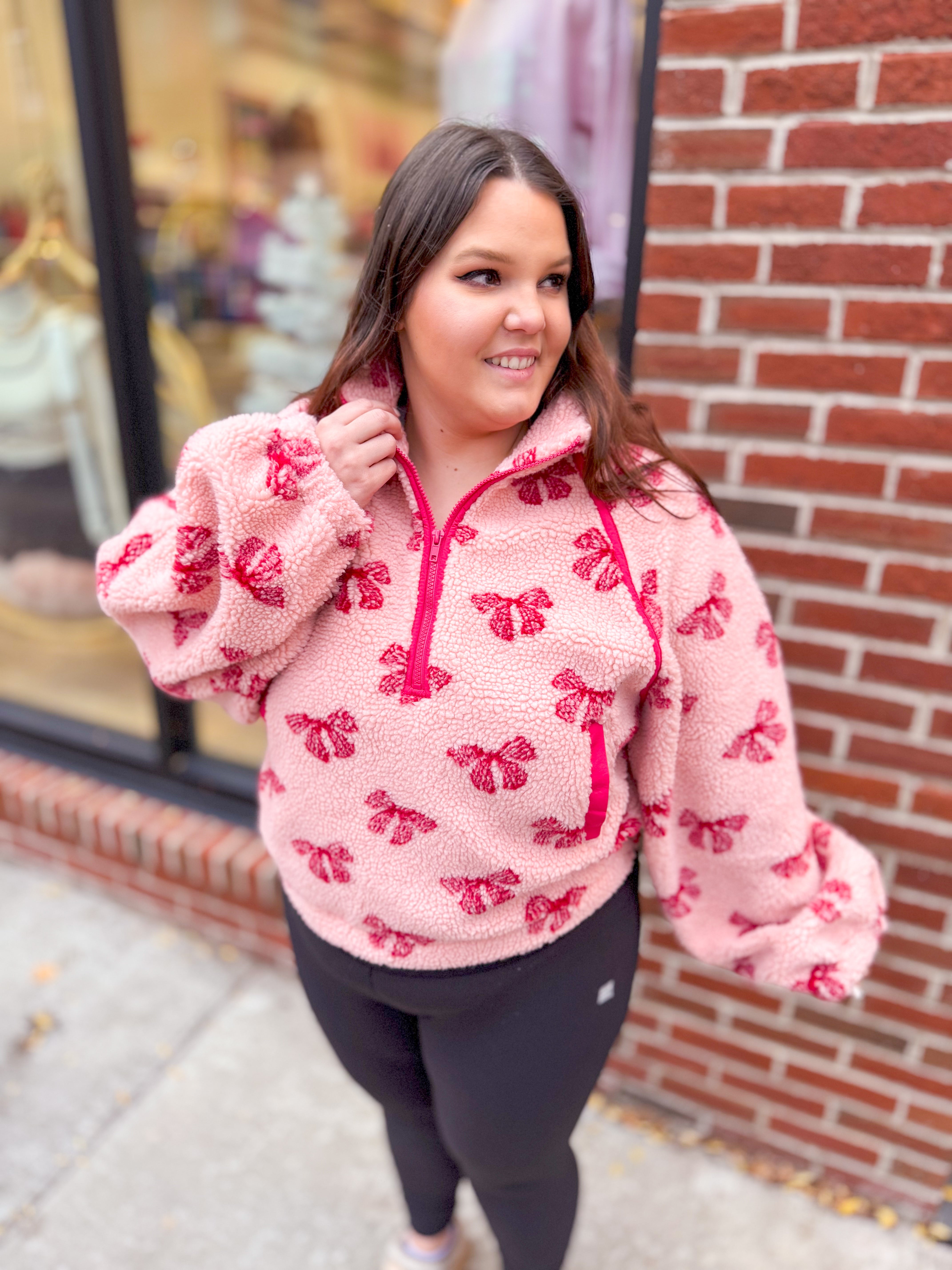 Sherpa Bow Half Zip Pullover-Tops - Sweaters-Very J-Peachy Keen Boutique, Women's Fashion Boutique, Located in Cape Girardeau and Dexter, MO