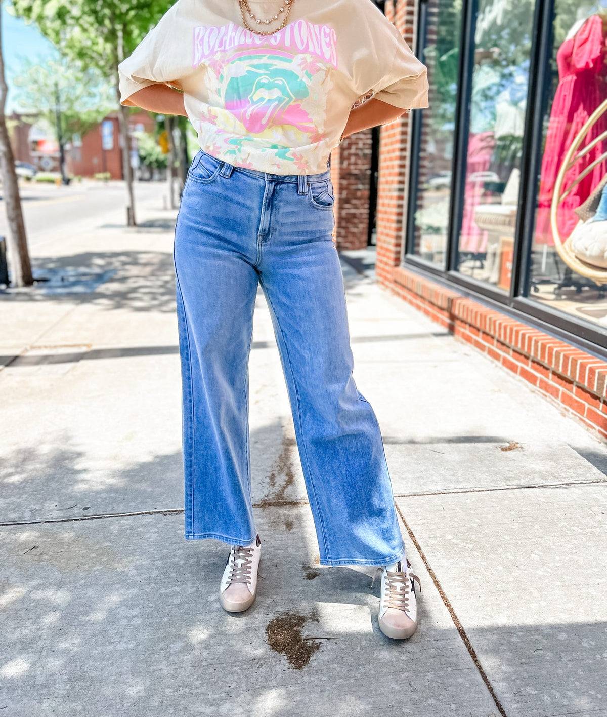 HIDDEN | Medium Blue Nori High Waist Wide Leg Jeans-210 Denim-Hidden-Peachy Keen Boutique, Women's Fashion Boutique, Located in Cape Girardeau and Dexter, MO