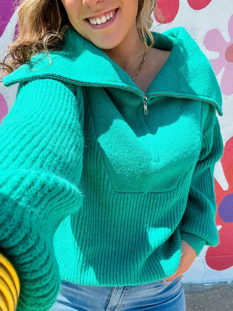 Knitted Teal Half Zip Open Neck Sweater