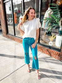 Teal Lightly Distressed Frayed Hem Jeans-210 Denim-Zenana-Peachy Keen Boutique, Women's Fashion Boutique, Located in Cape Girardeau and Dexter, MO