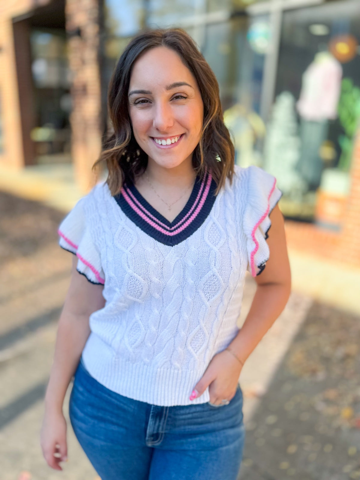 Pink & Black Ruffle Trim Sweater Vest-Tops-Day + Moon-Peachy Keen Boutique, Women's Fashion Boutique, Located in Cape Girardeau and Dexter, MO