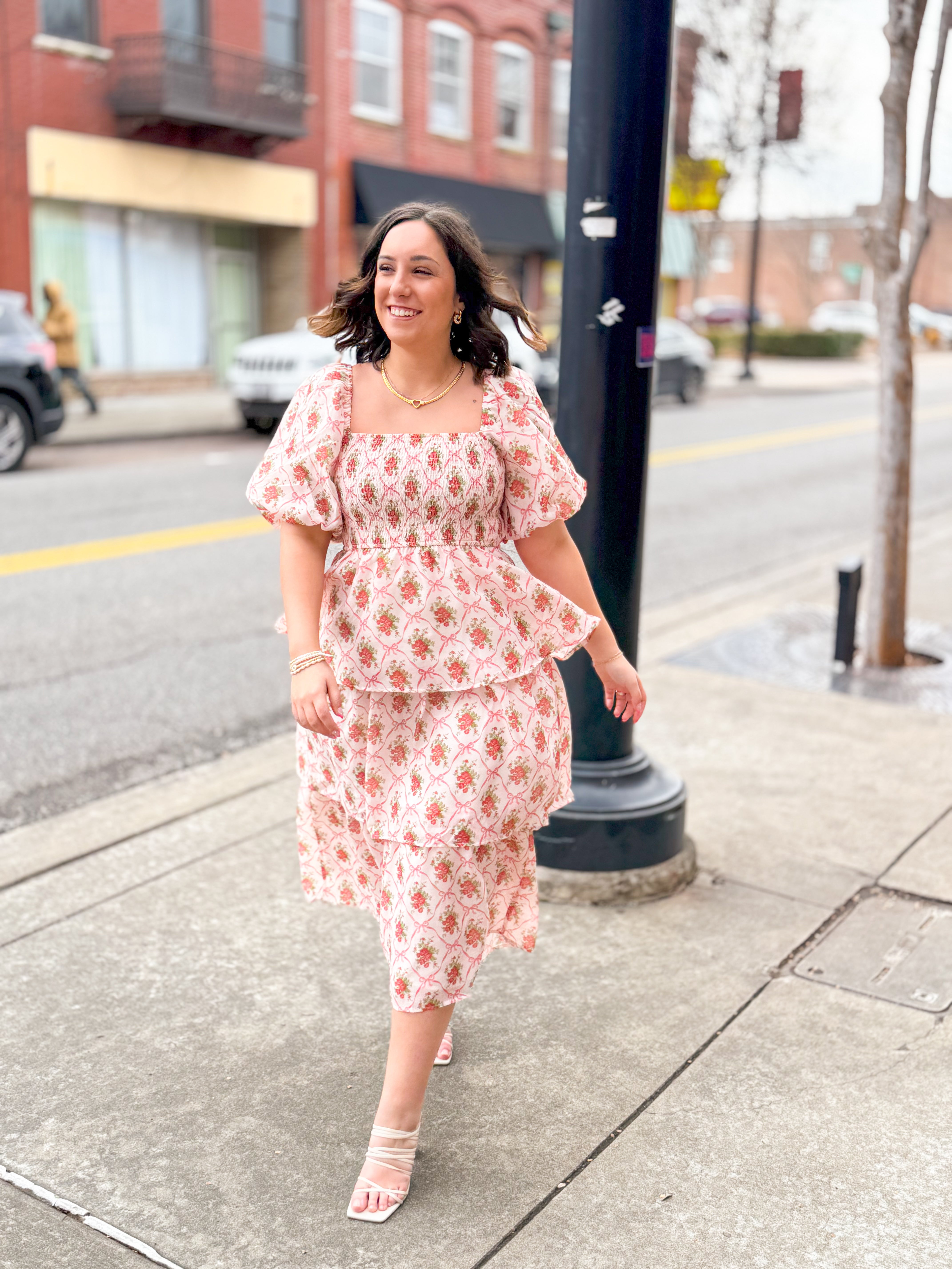 Floral Tiered Puff Sleeve Midi Dress-Dresses-Peach Love California-Peachy Keen Boutique, Women's Fashion Boutique, Located in Cape Girardeau and Dexter, MO