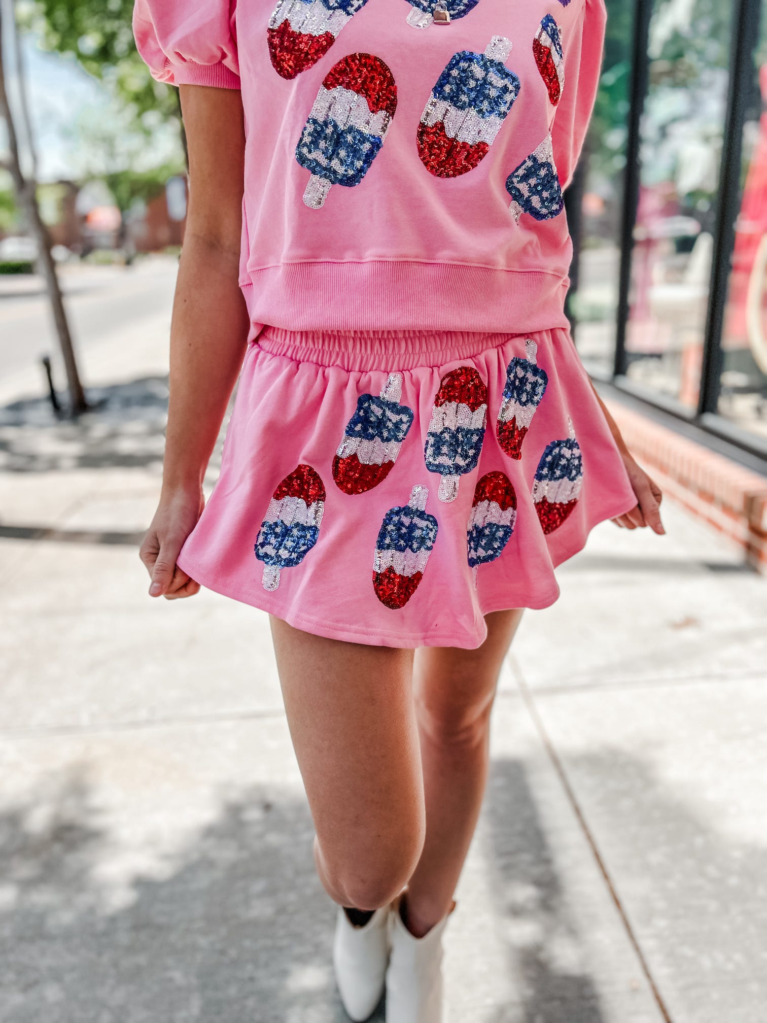 Firecracker Babe Pink Sequin Skort [Part of Set]-Bottoms - Shorts-Peach Love California-Peachy Keen Boutique, Women's Fashion Boutique, Located in Cape Girardeau and Dexter, MO