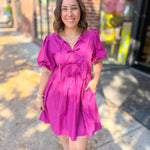 Braylynn Magenta Bow Puff Sleeve Dress-Dresses-Entro-Peachy Keen Boutique, Women's Fashion Boutique, Located in Cape Girardeau and Dexter, MO