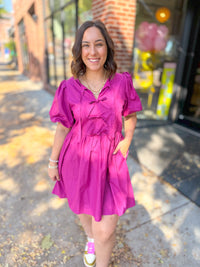 Braylynn Magenta Bow Puff Sleeve Dress-Dresses-Entro-Peachy Keen Boutique, Women's Fashion Boutique, Located in Cape Girardeau and Dexter, MO