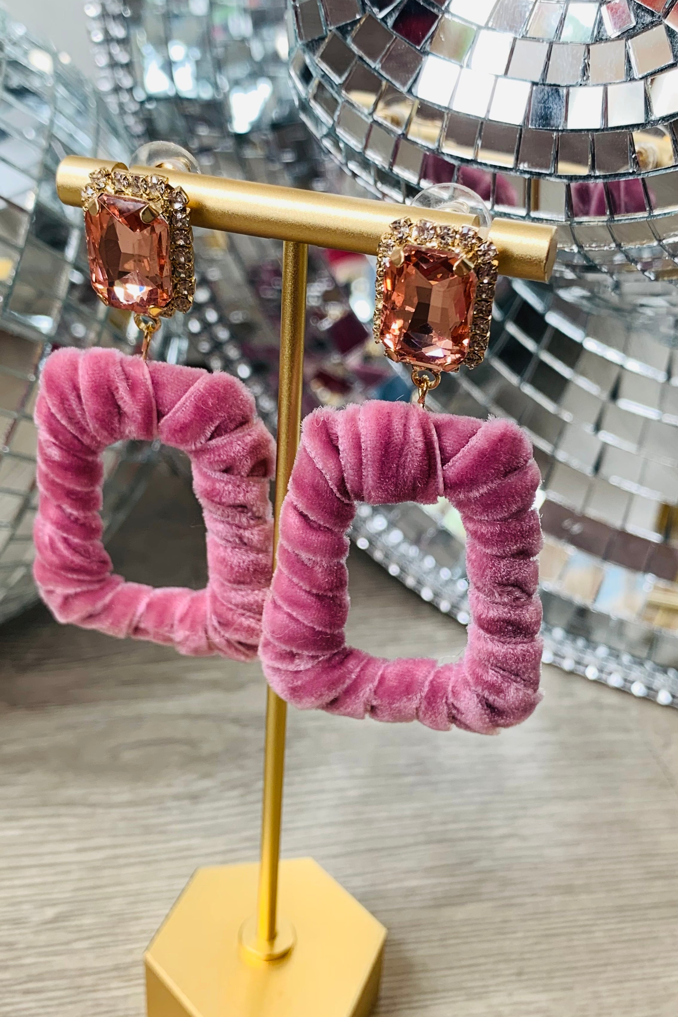 Taylor Velvet Rhinestone Earrings, Blush-Jewelry - Earrings-Qingdao Dadongsheng Jewelry Co.-Peachy Keen Boutique, Women's Fashion Boutique, Located in Cape Girardeau and Dexter, MO