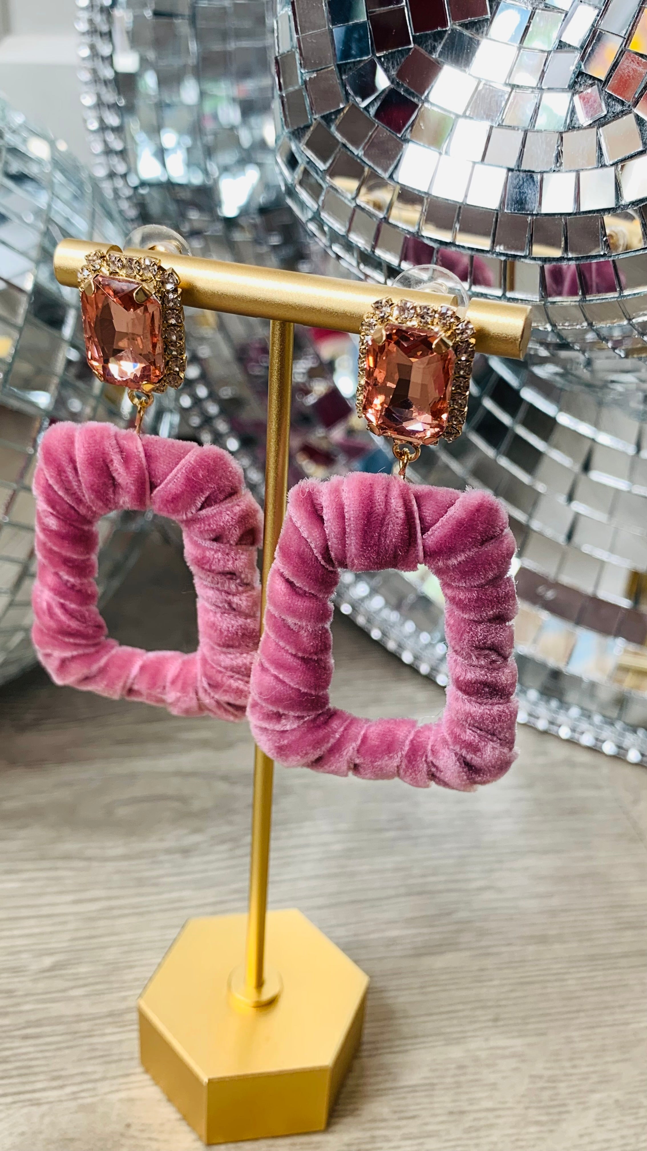 Taylor Velvet Rhinestone Earrings, Blush-Jewelry - Earrings-Qingdao Dadongsheng Jewelry Co.-Peachy Keen Boutique, Women's Fashion Boutique, Located in Cape Girardeau and Dexter, MO