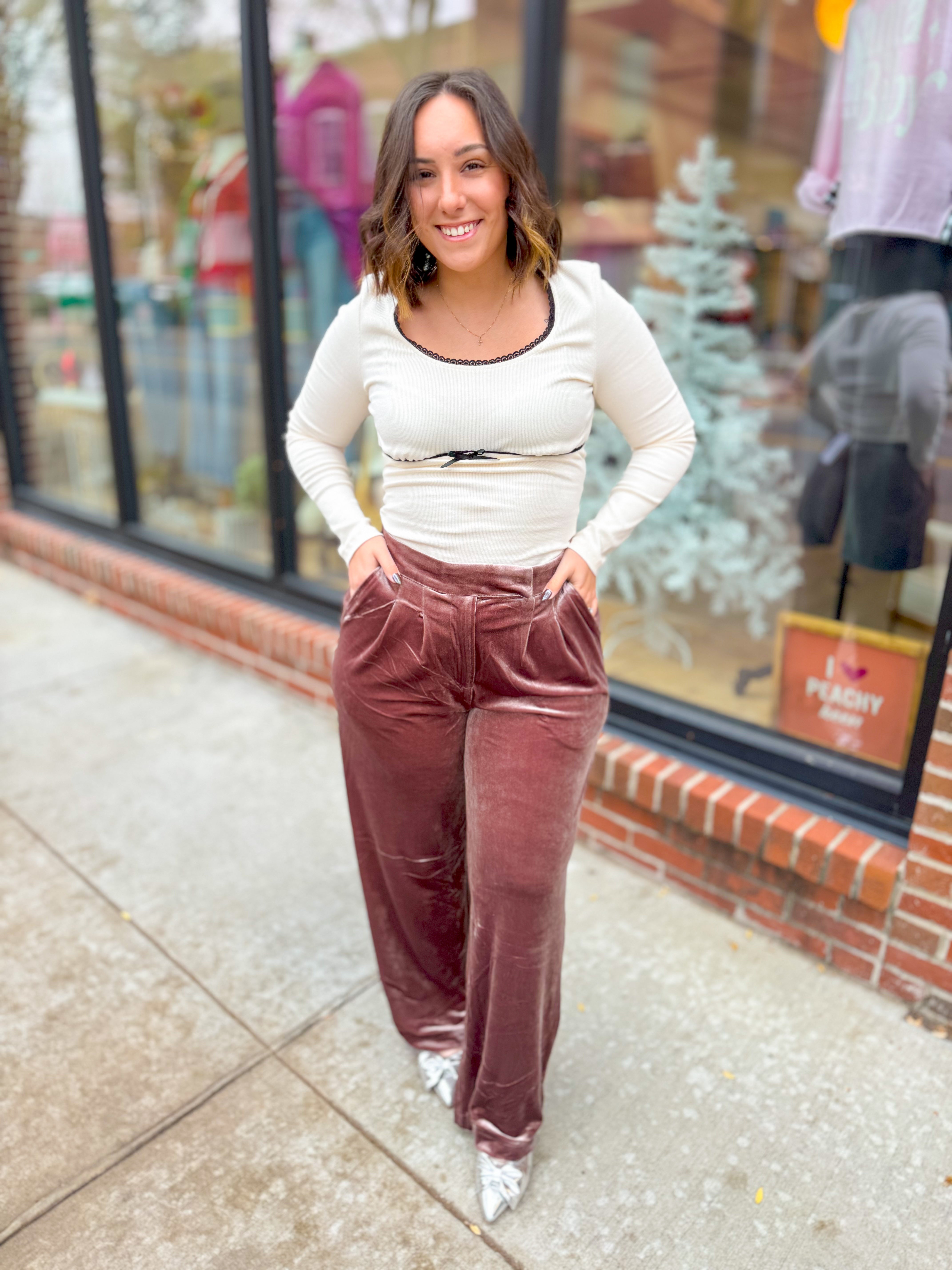 Mocha Crushed Velvet Pants-Bottoms - Pants-Very J-Peachy Keen Boutique, Women's Fashion Boutique, Located in Cape Girardeau and Dexter, MO