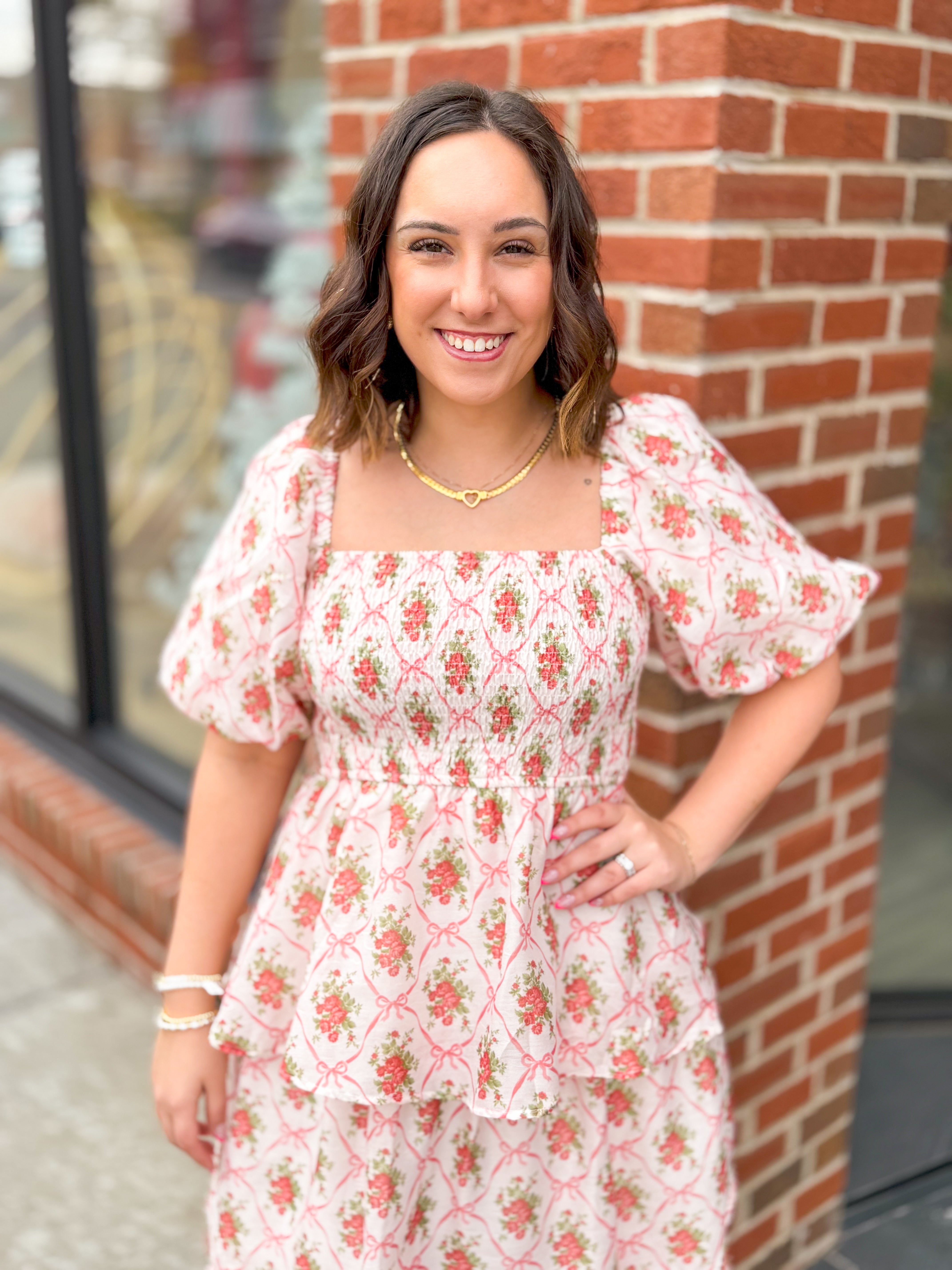 Floral Tiered Puff Sleeve Midi Dress-Dresses-Peach Love California-Peachy Keen Boutique, Women's Fashion Boutique, Located in Cape Girardeau and Dexter, MO