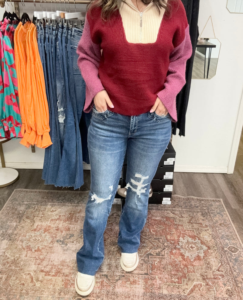 Flying Monkey | Mid Rise Medium Dark Wash Lightly Distressed Bootcut Denim Jeans-Denim-Flying Monkey-Peachy Keen Boutique, Women's Fashion Boutique, Located in Cape Girardeau and Dexter, MO