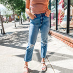 Hidden | Tracey High Rise Straight Medium Wash Lightly Distressed Jeans-Bottoms - Denim-Hidden-Peachy Keen Boutique, Women's Fashion Boutique, Located in Cape Girardeau and Dexter, MO