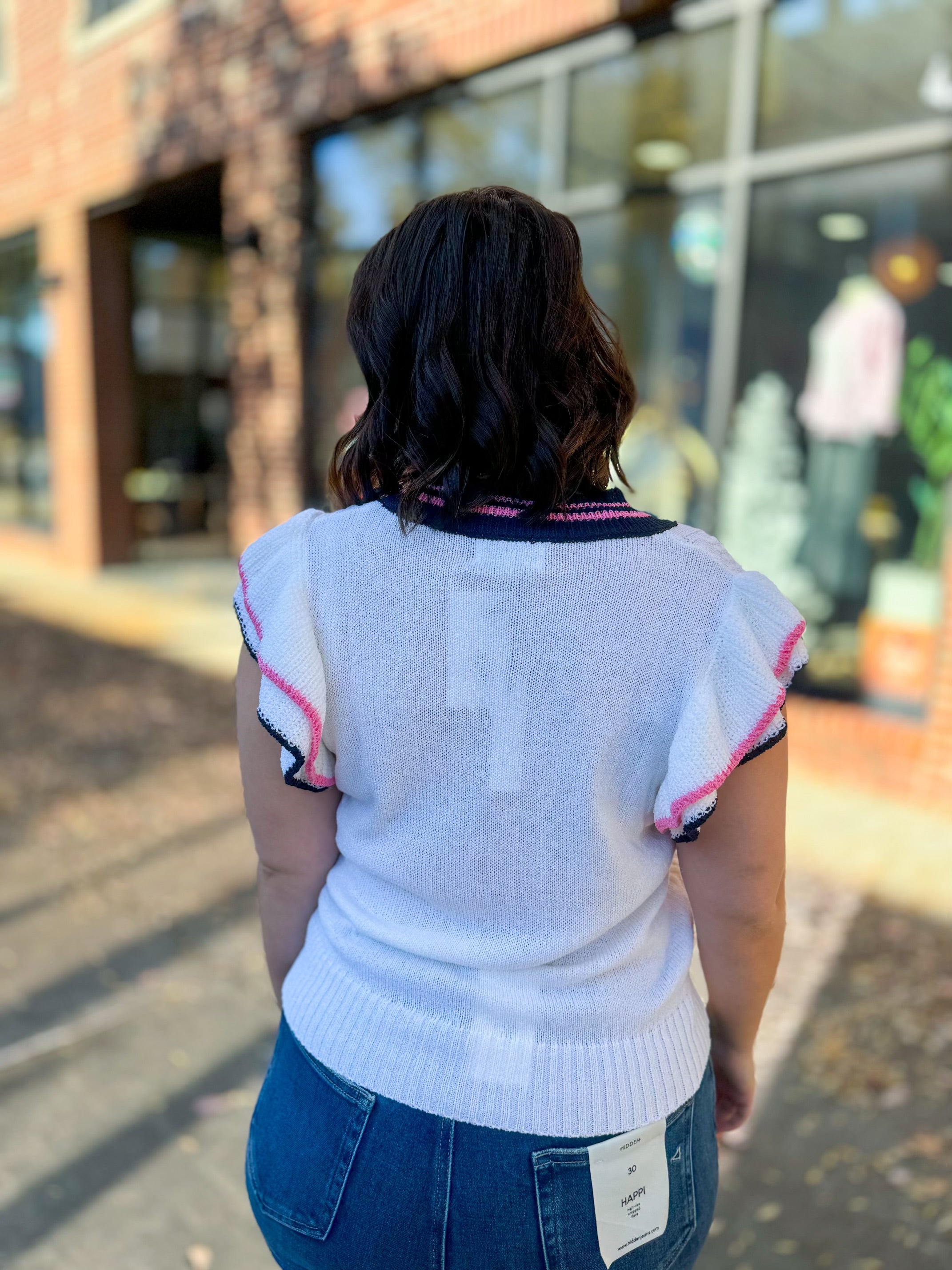 Pink & Black Ruffle Trim Sweater Vest-Tops-Day + Moon-Peachy Keen Boutique, Women's Fashion Boutique, Located in Cape Girardeau and Dexter, MO