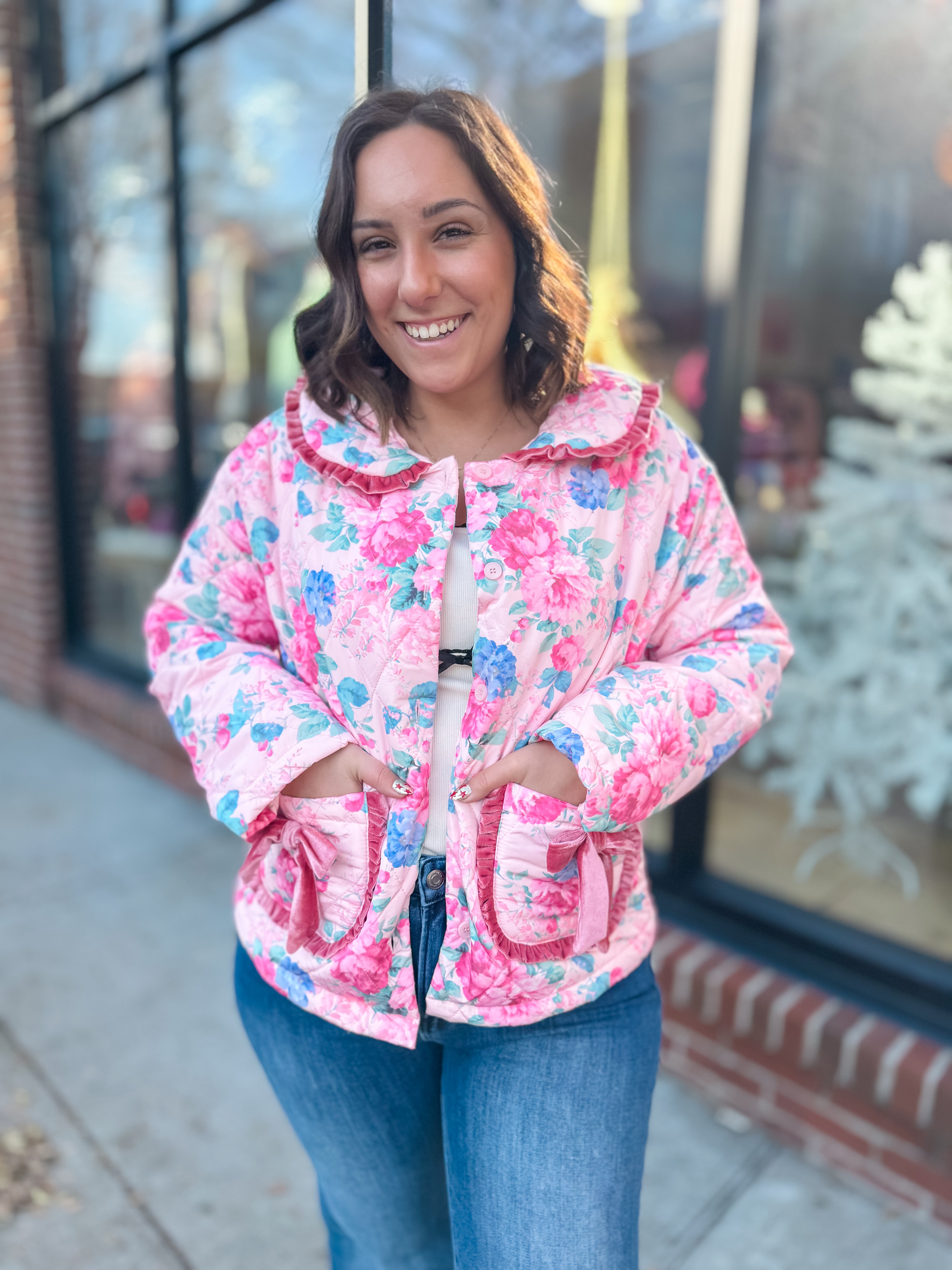 Pink Floral Quilted Jacket-Outerwear - Jackets-Fantastic Fawn-Peachy Keen Boutique, Women's Fashion Boutique, Located in Cape Girardeau and Dexter, MO