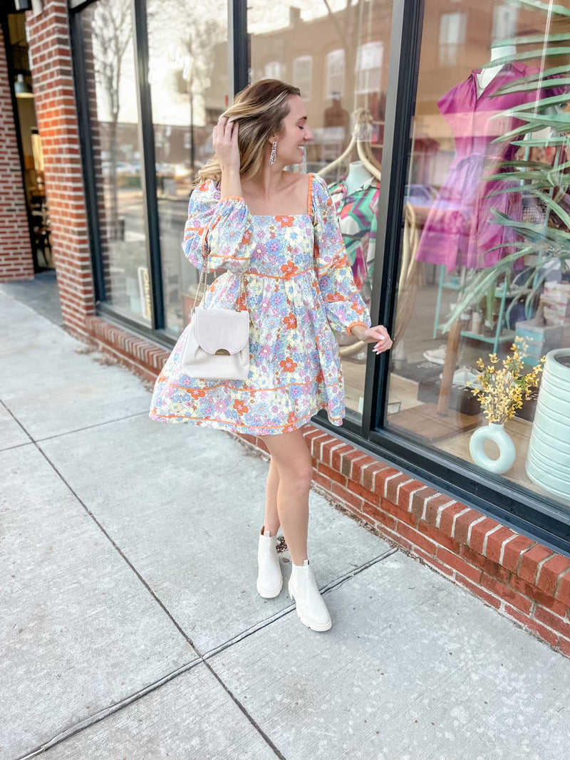 Square Neck Floral Orange Lined Dress-Dresses-Fate-Peachy Keen Boutique, Women's Fashion Boutique, Located in Cape Girardeau and Dexter, MO