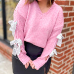 Silver Sequin Bow Sleeve Pink Sweater-Tops - Sweaters-Entro-Peachy Keen Boutique, Women's Fashion Boutique, Located in Cape Girardeau and Dexter, MO