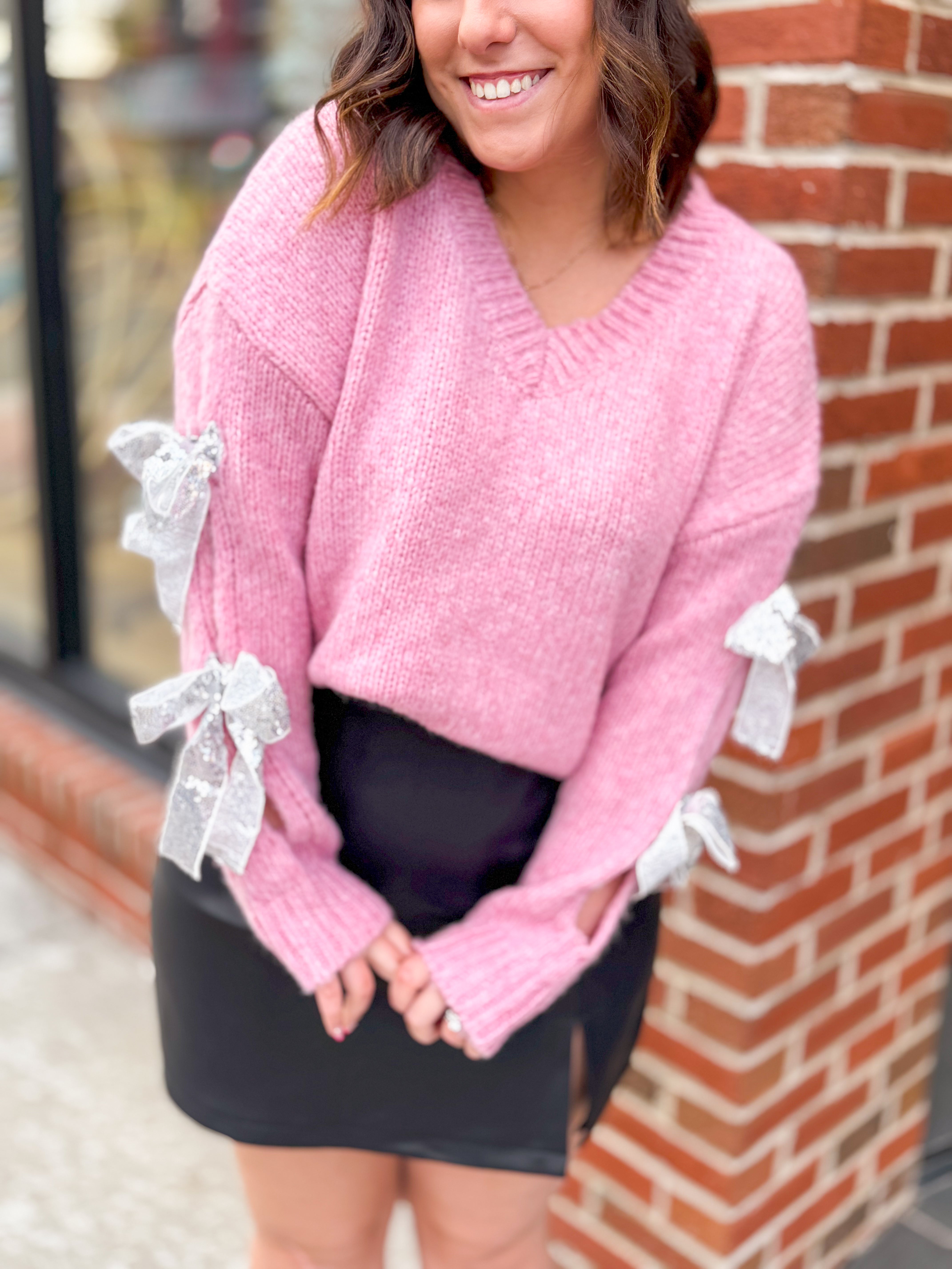 Silver Sequin Bow Sleeve Pink Sweater-Tops - Sweaters-Entro-Peachy Keen Boutique, Women's Fashion Boutique, Located in Cape Girardeau and Dexter, MO