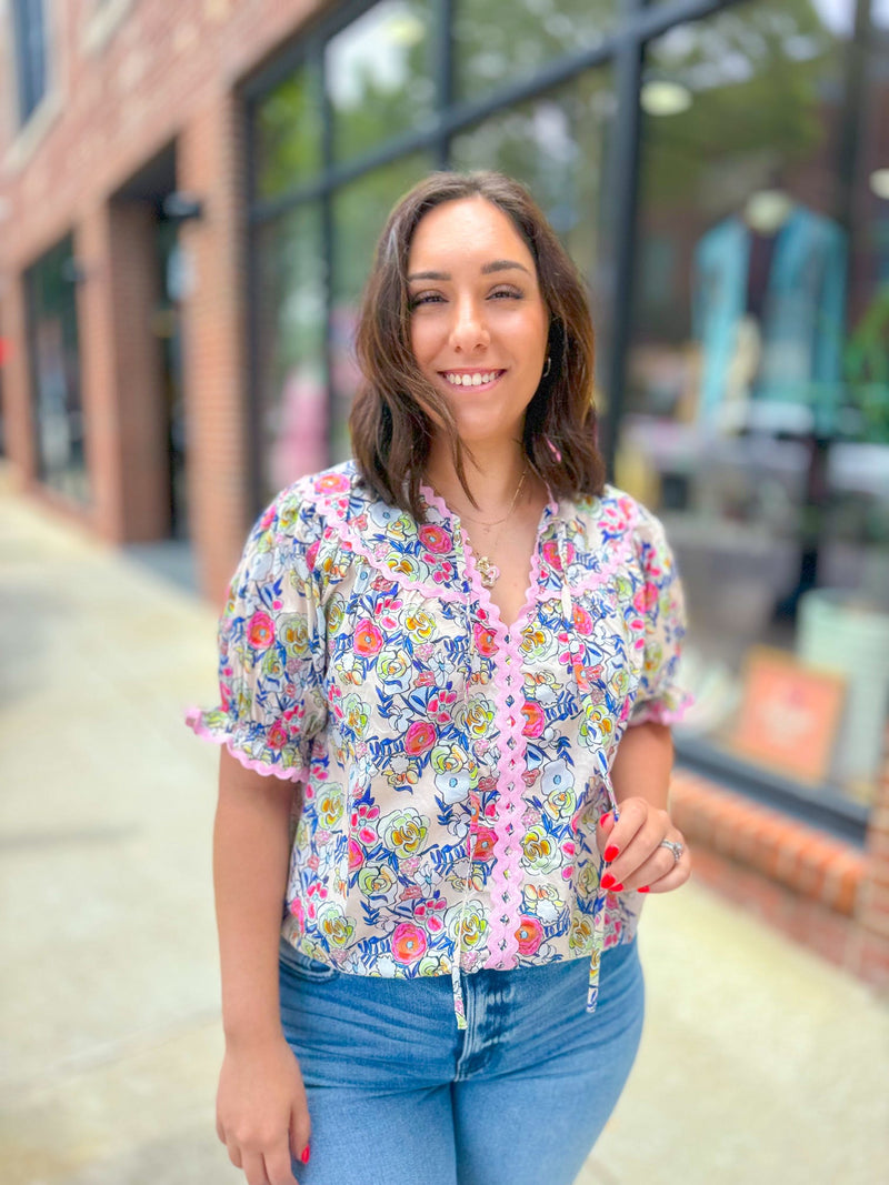 Rilee Floral Ric Rac Top-120 Blouses-Entro-Peachy Keen Boutique, Women's Fashion Boutique, Located in Cape Girardeau and Dexter, MO