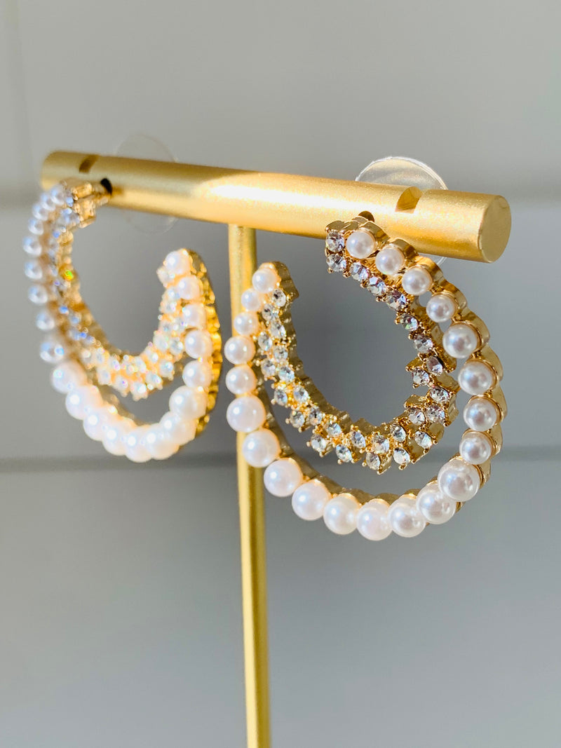 Crystal and Pearl Half Hoop Earrings-Golden Stella-Peachy Keen Boutique, Women's Fashion Boutique, Located in Cape Girardeau and Dexter, MO