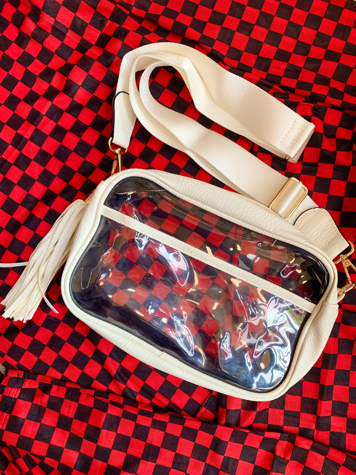 Game Day Clear Cross Body Bag | White-Purses/Wallets-Jocelyn-Peachy Keen Boutique, Women's Fashion Boutique, Located in Cape Girardeau and Dexter, MO