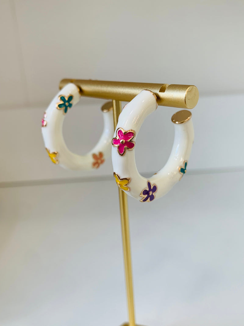 White Hoop Earrings with Colored Flowers-hoop earrings-Golden Stella-Peachy Keen Boutique, Women's Fashion Boutique, Located in Cape Girardeau and Dexter, MO