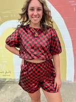 Red and Black Sequin Checkered Top