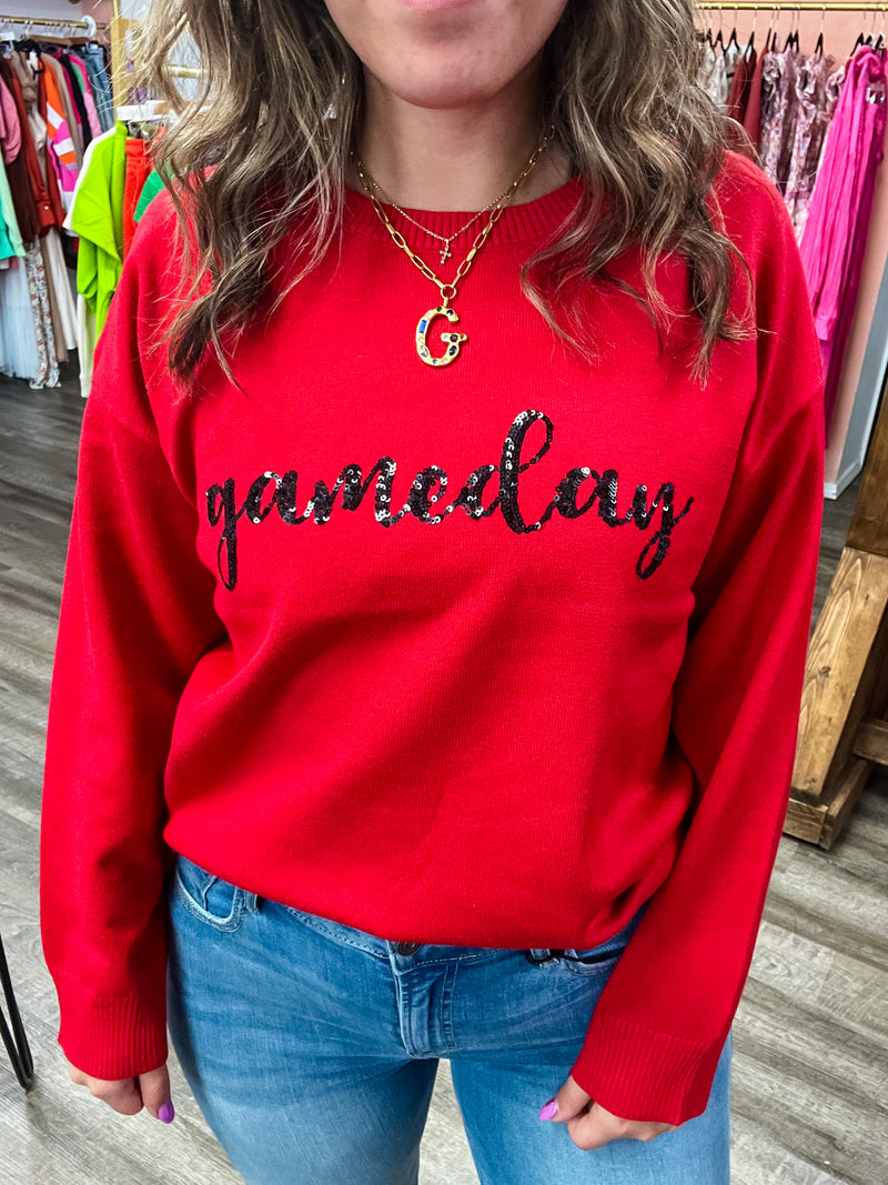 Red and Black Gameday Script Sequin Sweater