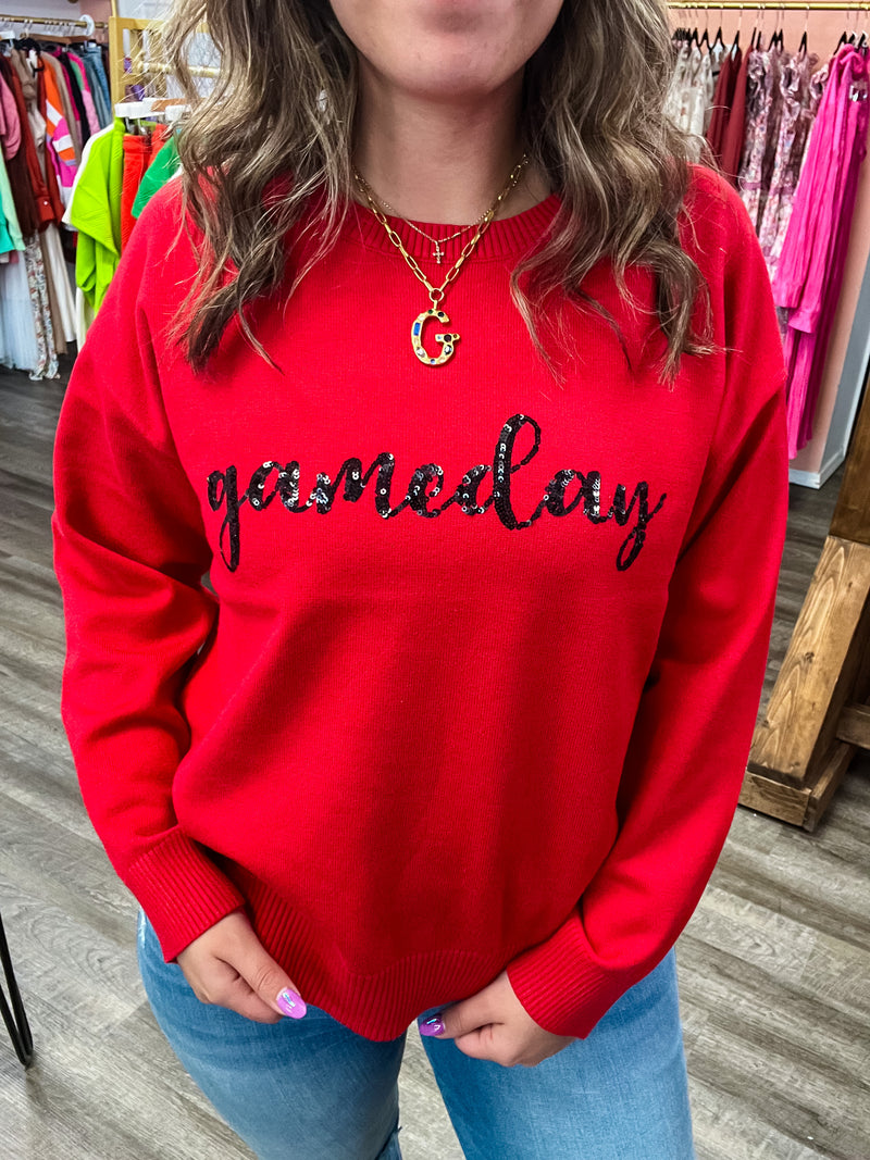 Red and Black Gameday Script Sequin Sweater