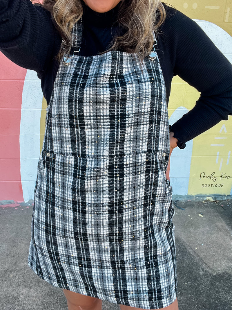 Black and White Sparkle Plaid Overall Dress