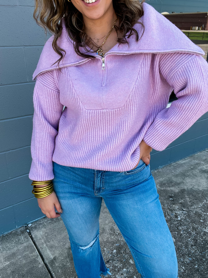 Knitted Lilac Half Zip Open Neck Sweater