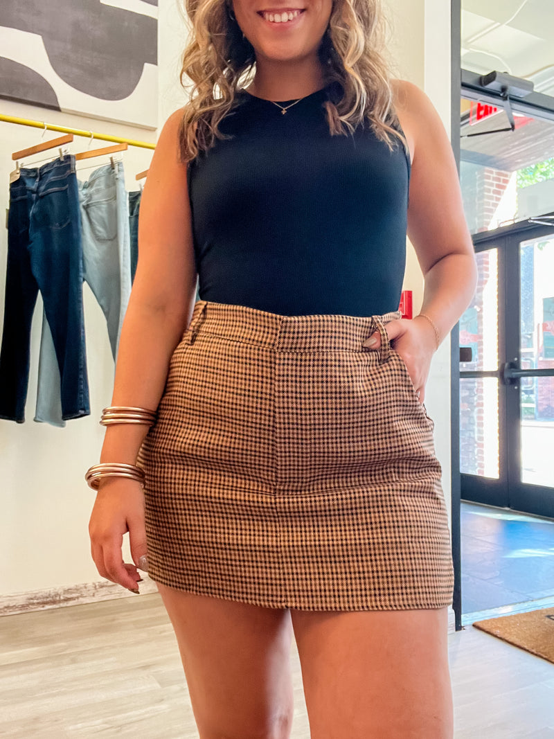 Camel and Black Plaid Skort-skort-Entro-Peachy Keen Boutique, Women's Fashion Boutique, Located in Cape Girardeau and Dexter, MO