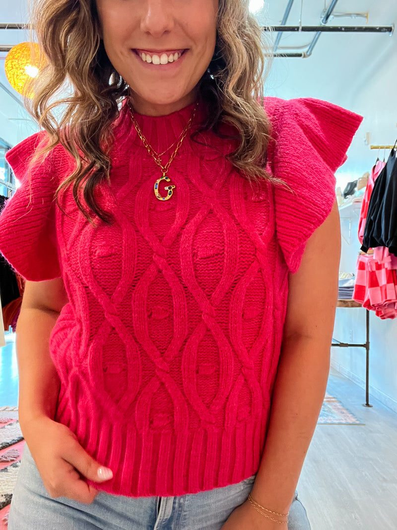 Fuschia Cable Knit Flutter Sleeve Sweater Top