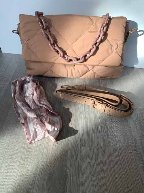 Khaki Quilted Fabric Chain Strap Purse Handbag