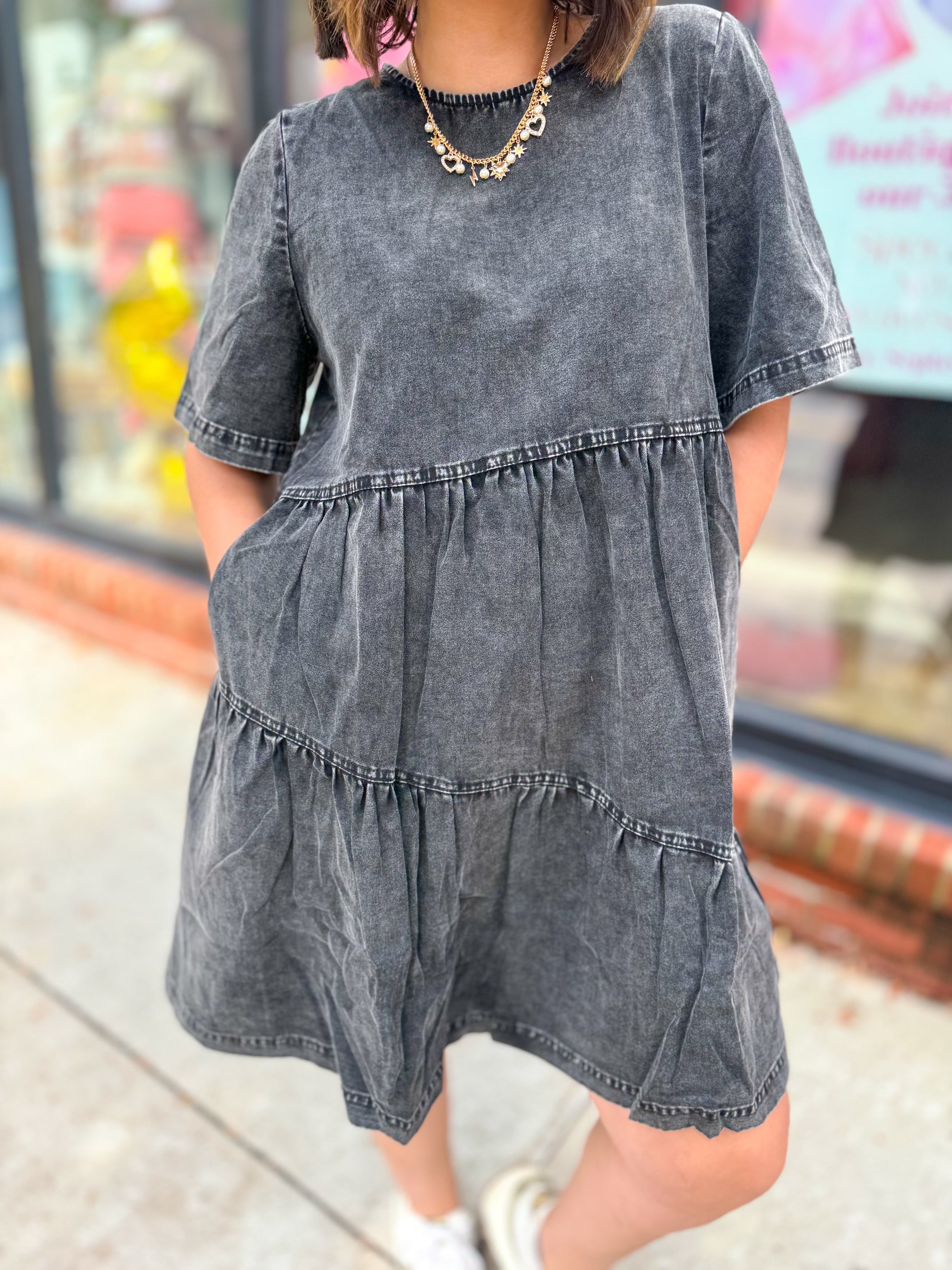 Emmy Washed Black Denim Dress-Dresses-Anniewear-Peachy Keen Boutique, Women's Fashion Boutique, Located in Cape Girardeau and Dexter, MO