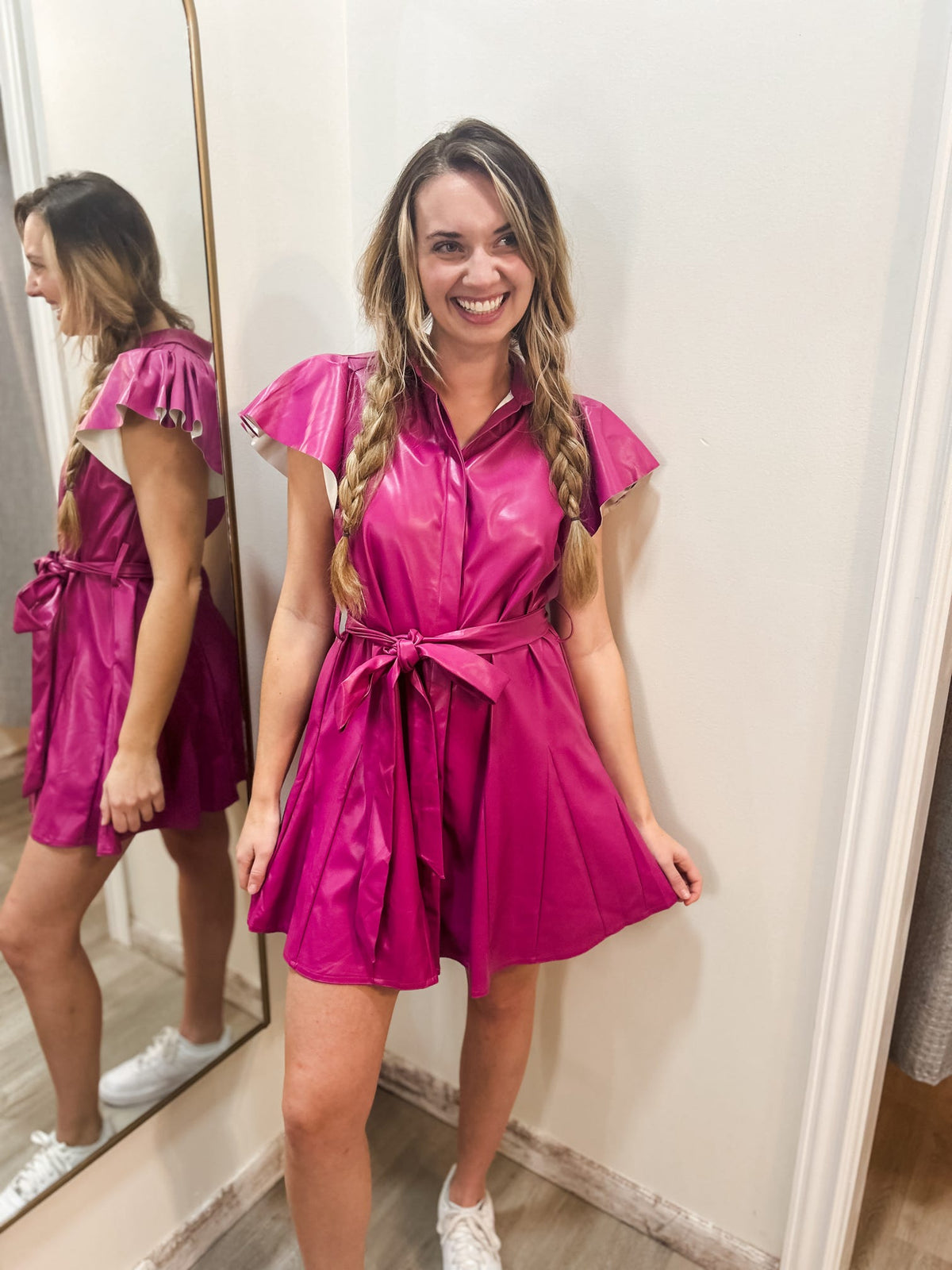 Sincerely Ours | Fuschia Leather Ruffle Sleeve Dress-182 Dressy Dress-Sincerely Ours-Peachy Keen Boutique, Women's Fashion Boutique, Located in Cape Girardeau and Dexter, MO