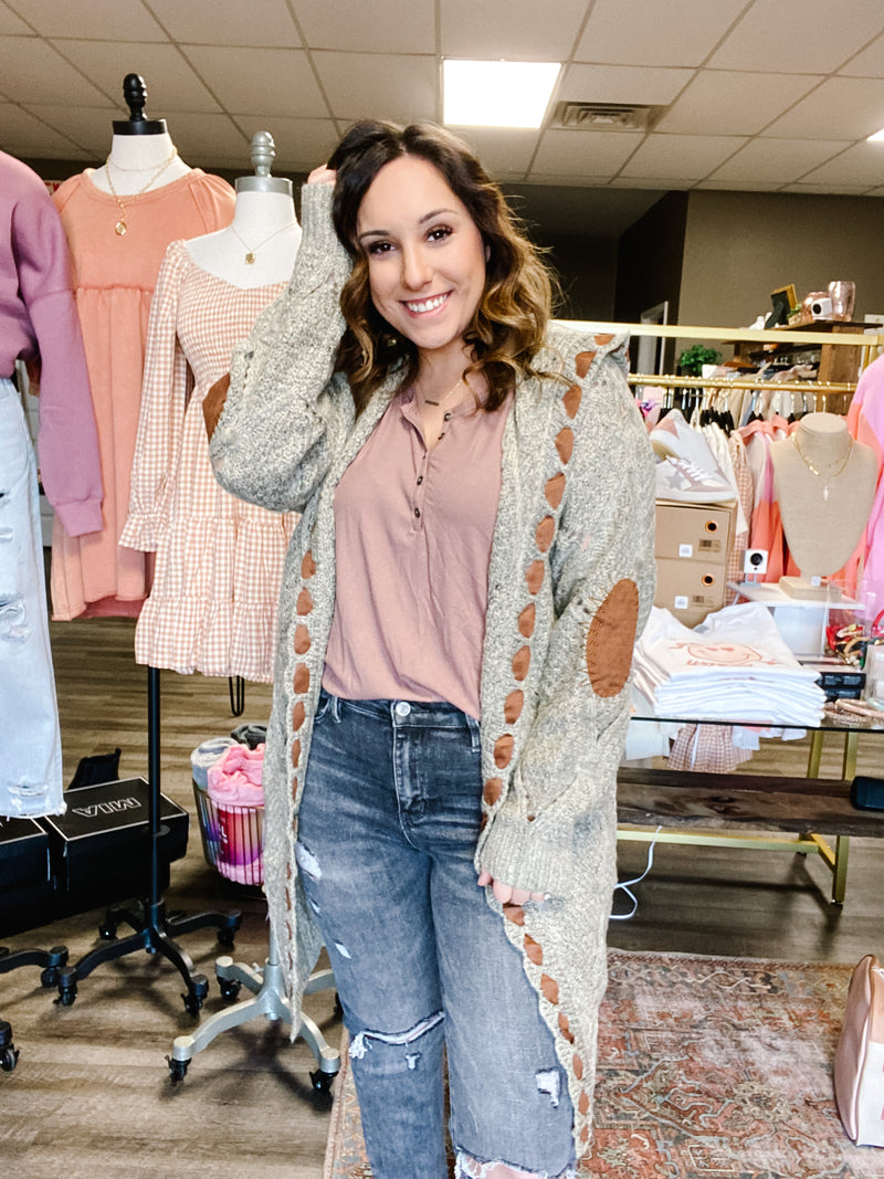 Taupe Heathered Long Hooded Cardigan