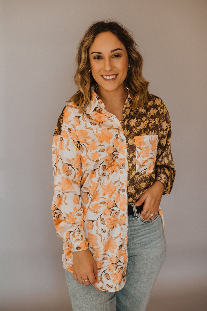 Ditsy Fall Floral Button Down Satin Top