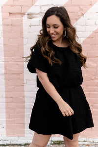 Black Texture Bubble Sleeve Crop Blouse [I'M A SET!]-Short Sleeve Top-Mittoshop-Peachy Keen Boutique, Women's Fashion Boutique, Located in Cape Girardeau and Dexter, MO