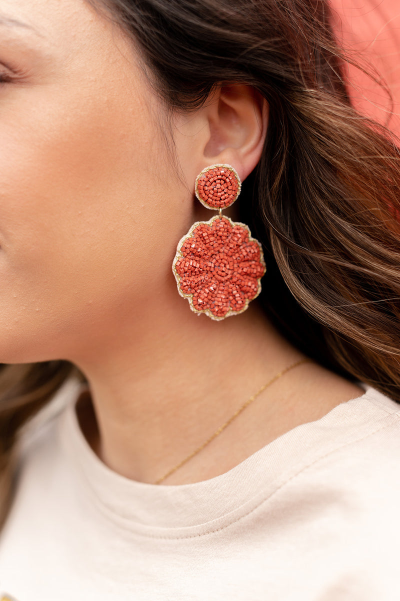 Rust Beaded Flower Shape Earrings-beaded earrings-Kenze Panne-Peachy Keen Boutique, Women's Fashion Boutique, Located in Cape Girardeau and Dexter, MO