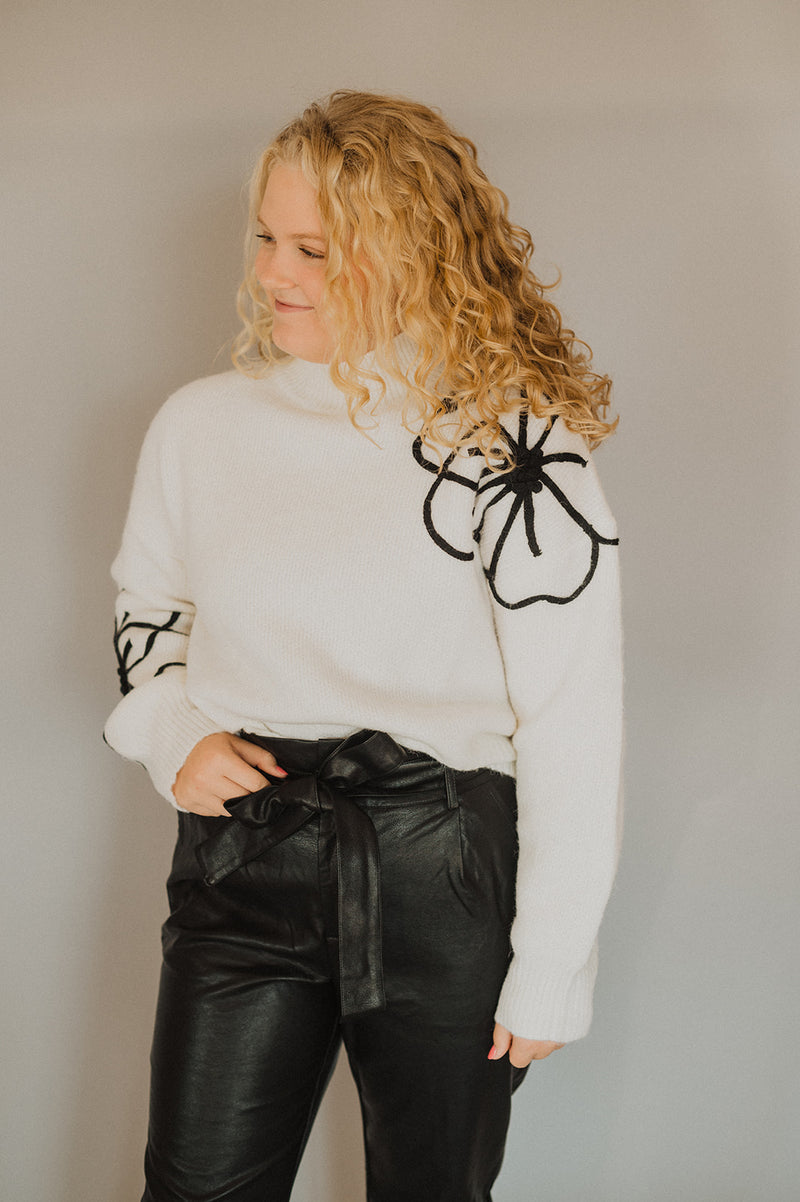 Embroidered Flower Mock Neck Sweater