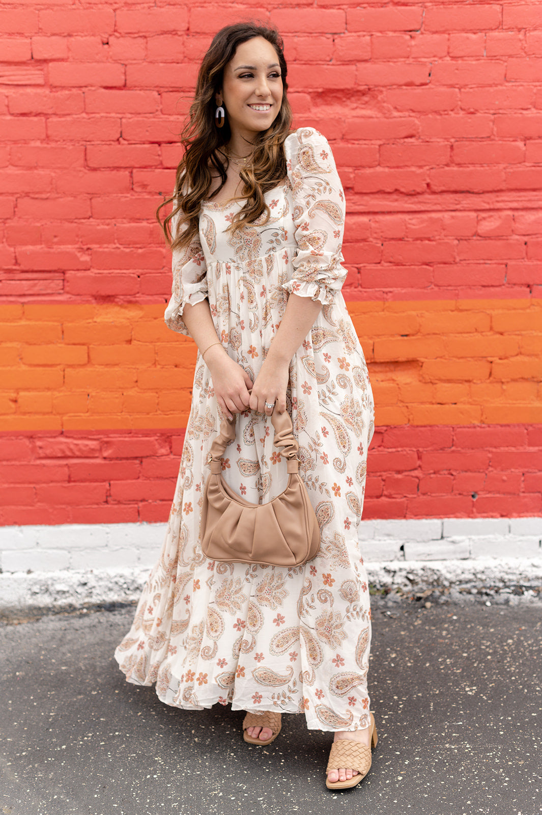 Ivory Paisley Pattern Maxi Dress-Quarter Sleeve Dress-Storia-Peachy Keen Boutique, Women's Fashion Boutique, Located in Cape Girardeau and Dexter, MO