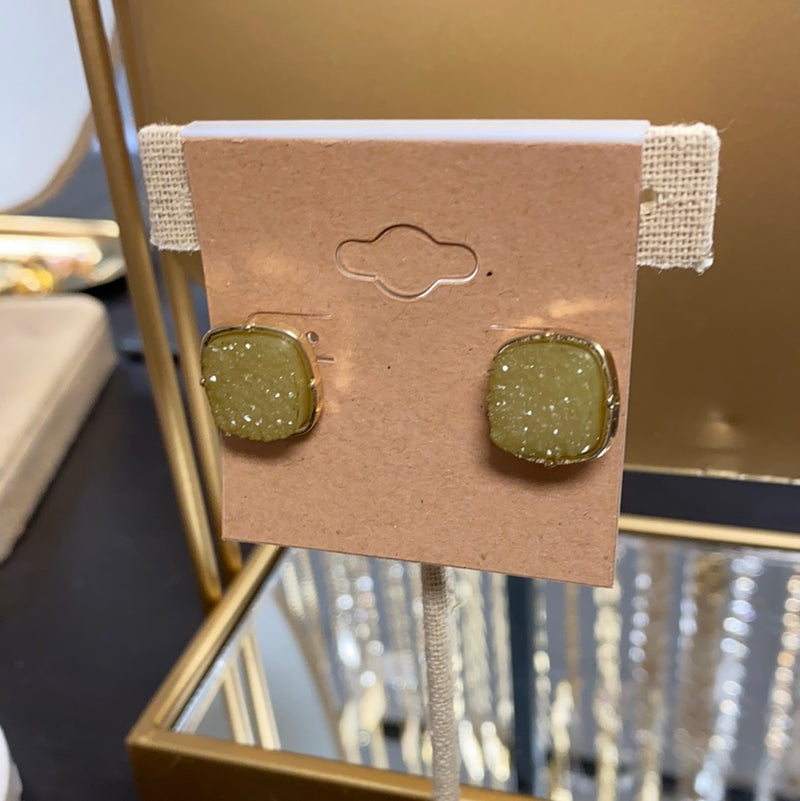 Olive Druzy Stud Earrings