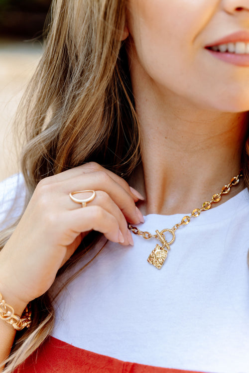 Gold Link Crinkle Square Charm Necklace