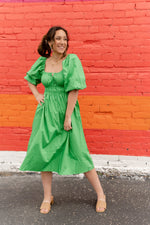 Kelly Green Puff Sleeve Midi Dress