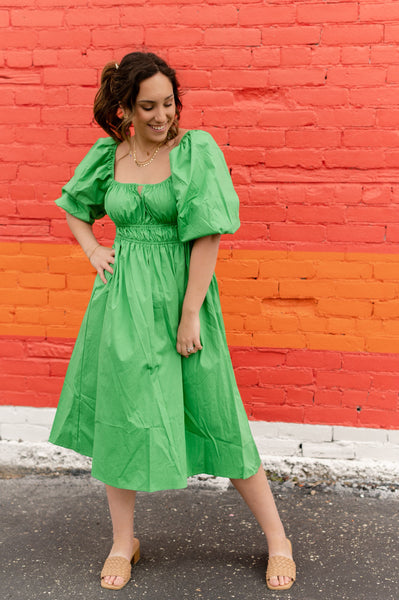 Kelly Green Puff Sleeve Midi Dress – Peachy Keen Boutique